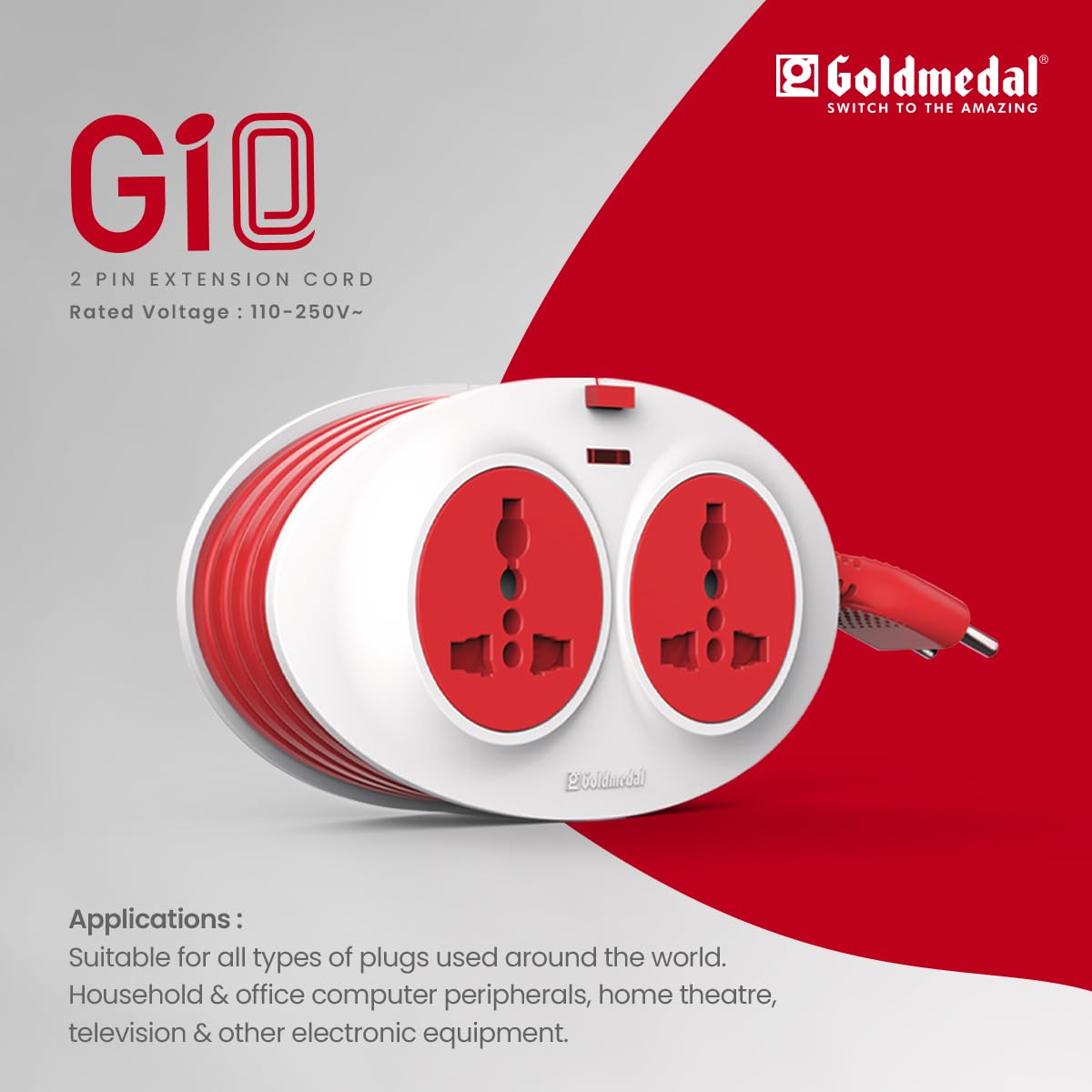 Goldmedal Gio 2-Pin Extension Board with 2.5 Meter Extension Cord 4