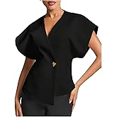 Floerns Women's Elegant Dolman Sleeve Blouses Asymmetrical Hem Tweed V Neck Shirts