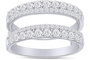 AFFY 1.00 Carat (ctw) Round Cubic Zirconia Anniversary Wedding Band Enhancer Guard Double Ring in 14K Gold Over Sterling Silver for Women
