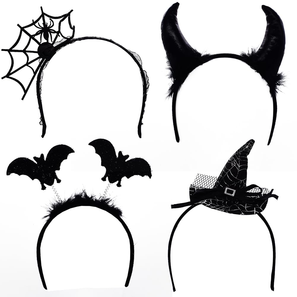 Ksopsdey Halloween Headband, 5pcs Creative Hair Hoops, Spider Web, Bat, Witch, Devil Horns, Celebration Dress Up for Kids & Adults, Halloween Party Favors
