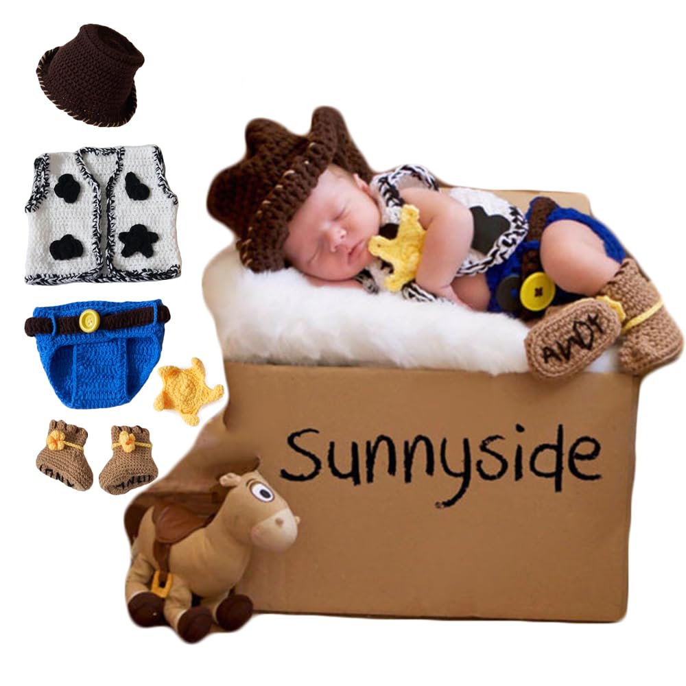 Photo 1 of Vemonllas Newborn Photography Props Cowboy Outfit Photo Prop Vest Hat Diaper Cover Boots Baby Photoshoot Crochet Costume