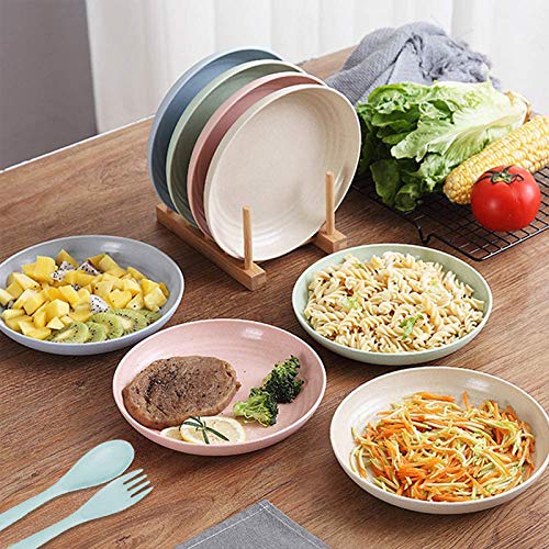 Saike 7.8\'\' 4Pack Wheat Straw Plates Reusable, Microwave and Dishwasher Safe Unbreakable Dinner Plates, Lightweight Snack Plates with Forks and Spoons