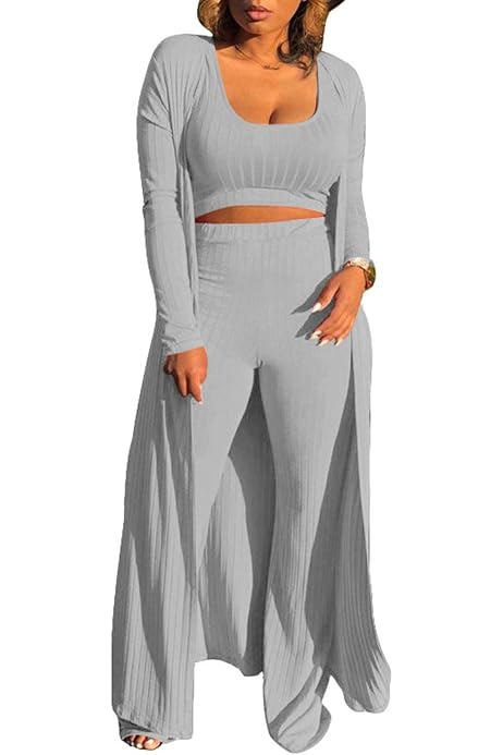 ECHOINE Women Sexy 3 Piece Outfits - Crop Top Long Kimono Cardigan Cover up  and Bodycon Pants Set Black S at Amazon Women's Clothing store