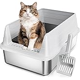 Stainless Steel Cat Litter Box, Odor Free Metal Litter Box with High Sides Lid, Open Top Low Entry Litter Pan Include Scoop Easy Cleaning Anti-Scratch Kitty Cat Box Anti-Urine Leakage, Non-Sticky, M