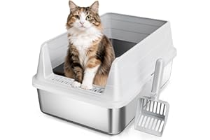 KISENG Stainless Steel Cat Litter Box, Odor Free Metal Litter Box with High Sides Lid, Open Top Low Entry Litter Pan Include Scoop Easy Cleaning Anti-Scratch Kitty Cat Box Anti-Urine Leakage, Non-Sticky