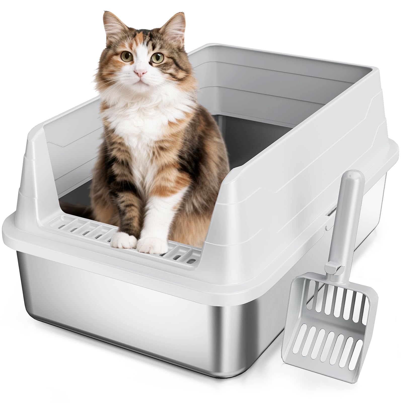 Photo 1 of Stainless Steel Cat Litter Box, Odor Free Metal Litter Box with High Sides Lid, Open Top Low Entry Litter Pan Include Scoop Easy Cleaning Anti-Scratch Kitty Cat Box Anti-Urine Leakage, Non-Sticky