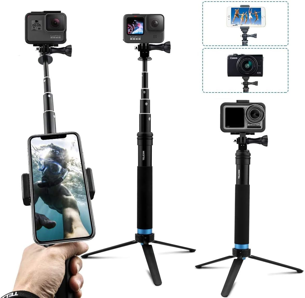 AuyKoo Waterproof Selfie Stick Tripod, Extendable Aluminum Alloy Pole Handheld Monopod with Rotating Clip and Tripod Stand for DJI Osmo Action Camera, GoPro Hero 8 7 6 5 4 Session, Cellphone