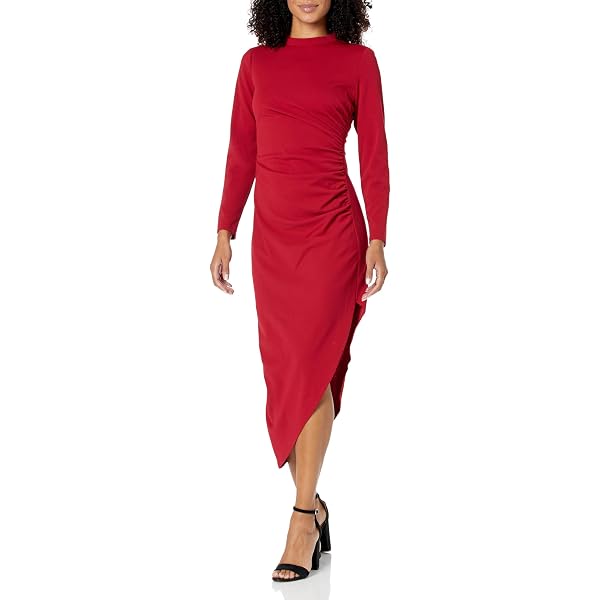 knee length dresses for ladies Donna Karan Women's Long Sleeve Midi Asymmetric Sheath Dress in Black