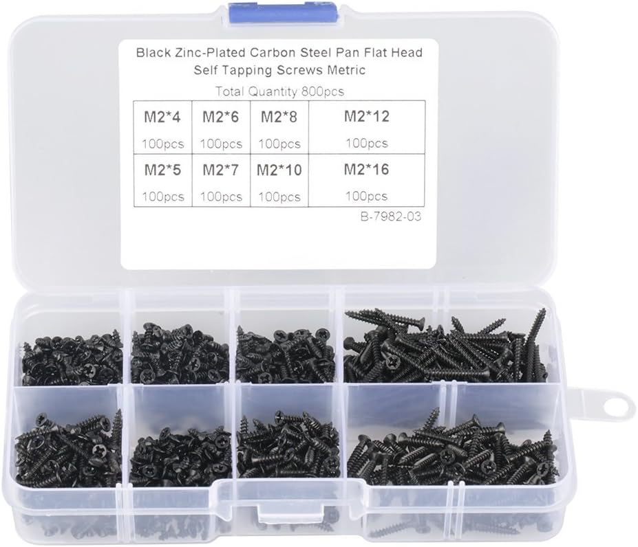 800 Pieces M2 Self Tapping Screws Black Carbon Steel Countersunk Flat Head Cross Drive Fastener Assortment Kit for Electronics