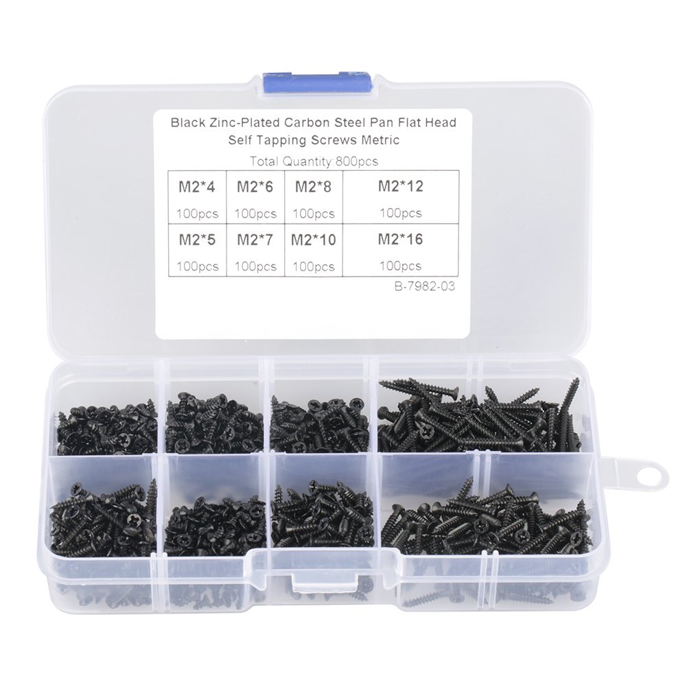 800 Pieces M2 Self Tapping Screws Black Carbon Steel Countersunk Flat Head Cross Drive Fastener Assortment Kit for Electronics