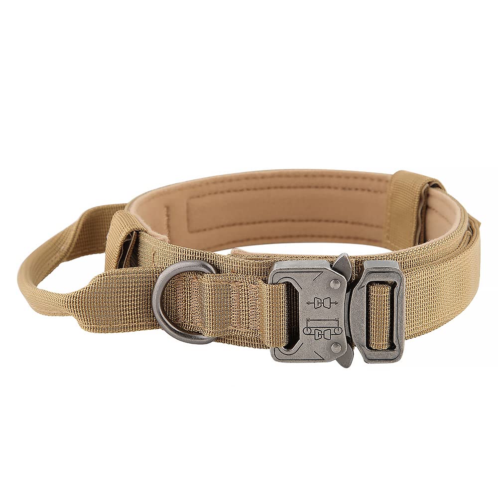 Plutus Pet Tactical Dog Collar, Soft Padded, Adjustable With Heavy Duty Metal Buckle, Military Dog Collar With Control Handle For Medium Large and Extra Large Dogs (L, Brown)