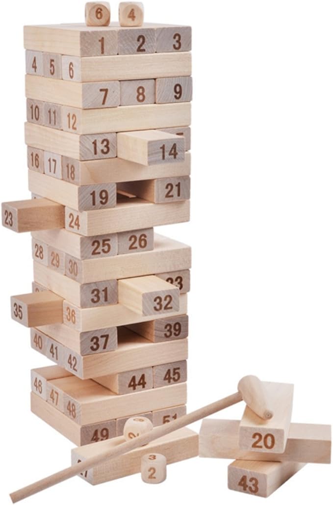 Amazon Phalatina 積み木 崩し バランス パーティー テーブル ゲーム 積み 上げ 組み 立て ハラハラ ドキドキ 子供 から 大人 まで 遊べる お片づけ袋付き 原色51個 木槌1個 サイコロ4個 積み木 おもちゃ