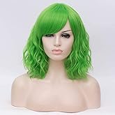 BUFASHION 14" Women Short Wavy Curly Wig Lime Green Bob Wig Cosplay Halloween Synthetic Wigs with Side Bang Wigs(Lime Green)