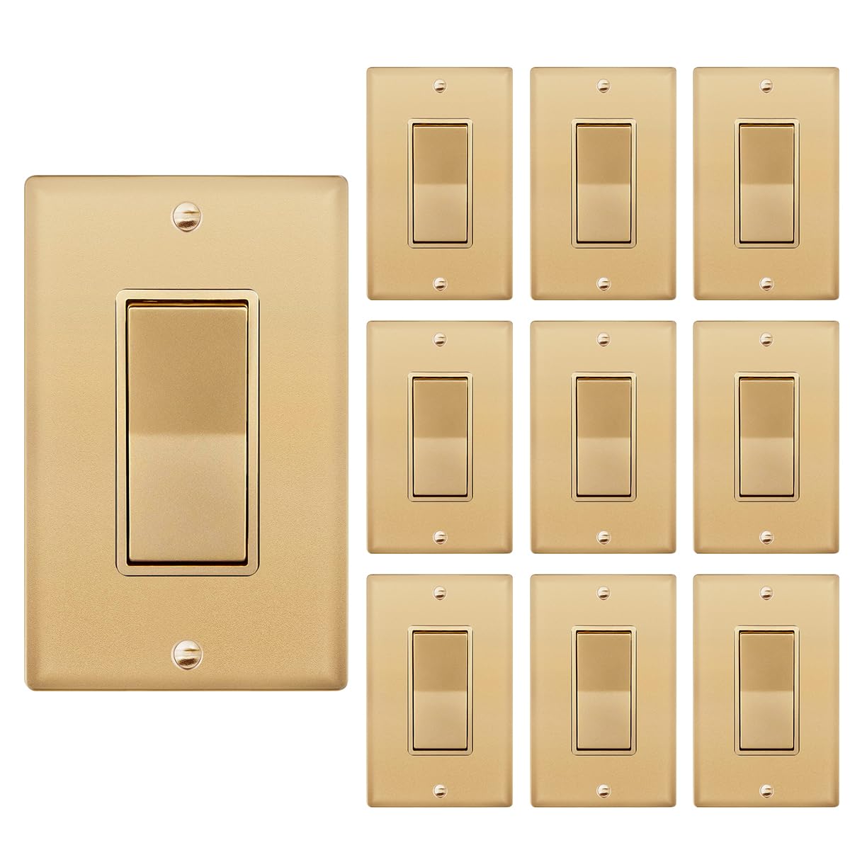 Photo 1 of Micmi Golden Wall Light Switch, Single Pole Decorator Paddle Rocker Interrupter Residential Grade 3 Wires Grounding 15A 120/277V UL Listed (10 Pack, Golden)