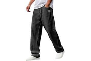 Men's Cotton Linen Hemp Pants, Embroidered Logo Elastic Waist, Drawstring Loose Casual Golf Trousers with Pockets