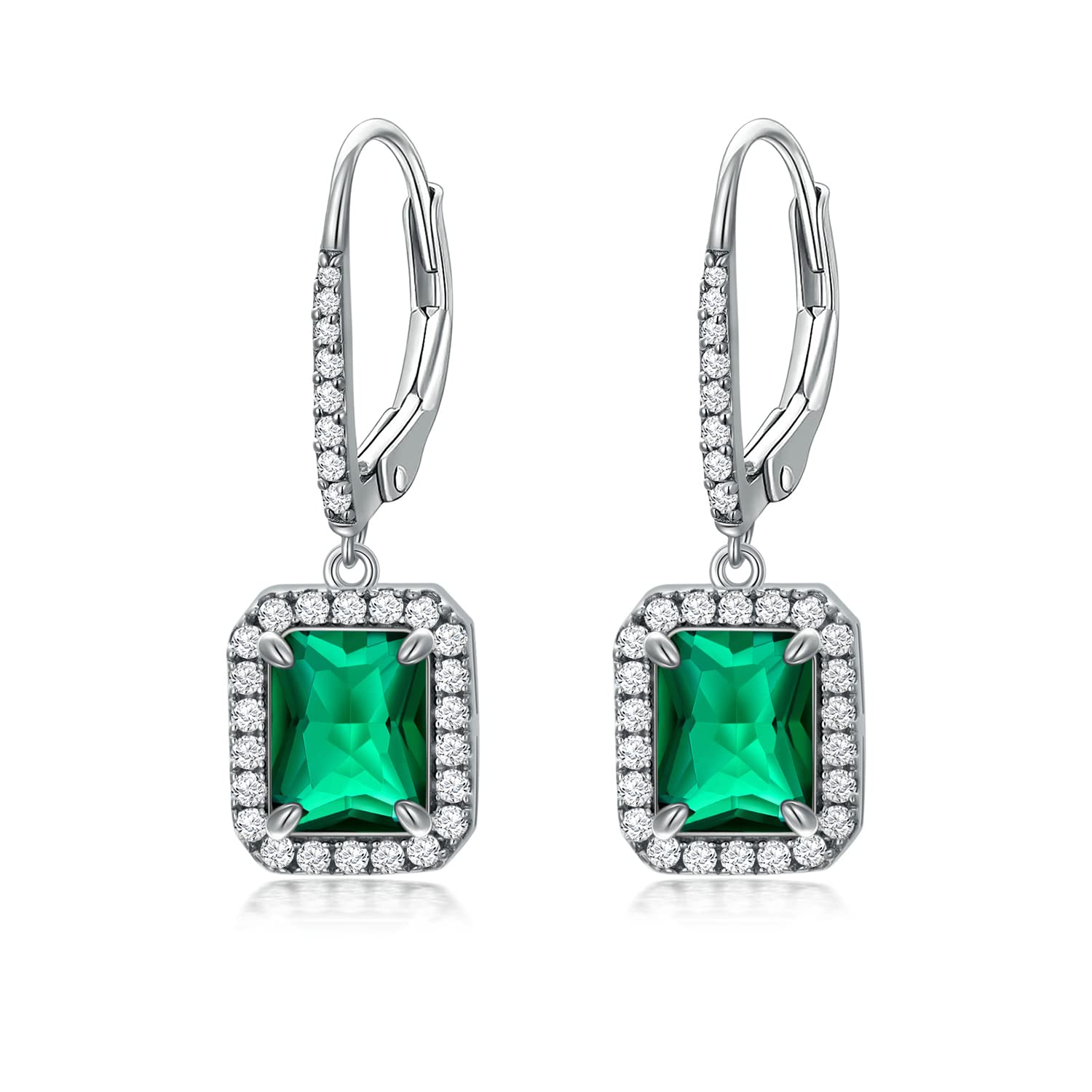 SISGEM s925 Silver Emerald Hoop Earrings, 925 Sterling Silver Emerald Green Birthstone Square Drop Earrings, for Women Girls Ladies Mum Sisters