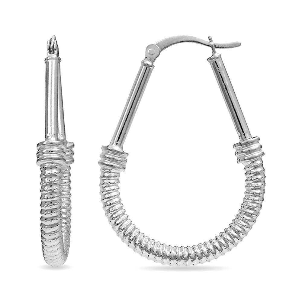 LeCalla Sterling Silver Hoop Earrings Lightweight Oval Twisted Diamond-Cut Italian Design Click-Top Hoops Earring for Women 35 MM