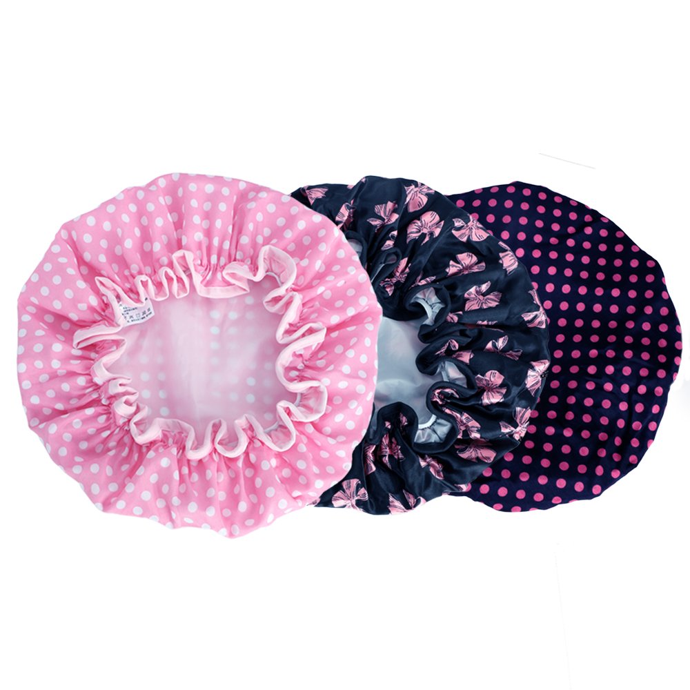 KissDate 3 Packs Double layer Shower Cap Waterproof Elastic Bath Cap for Women Shower Spa Salon : Beauty