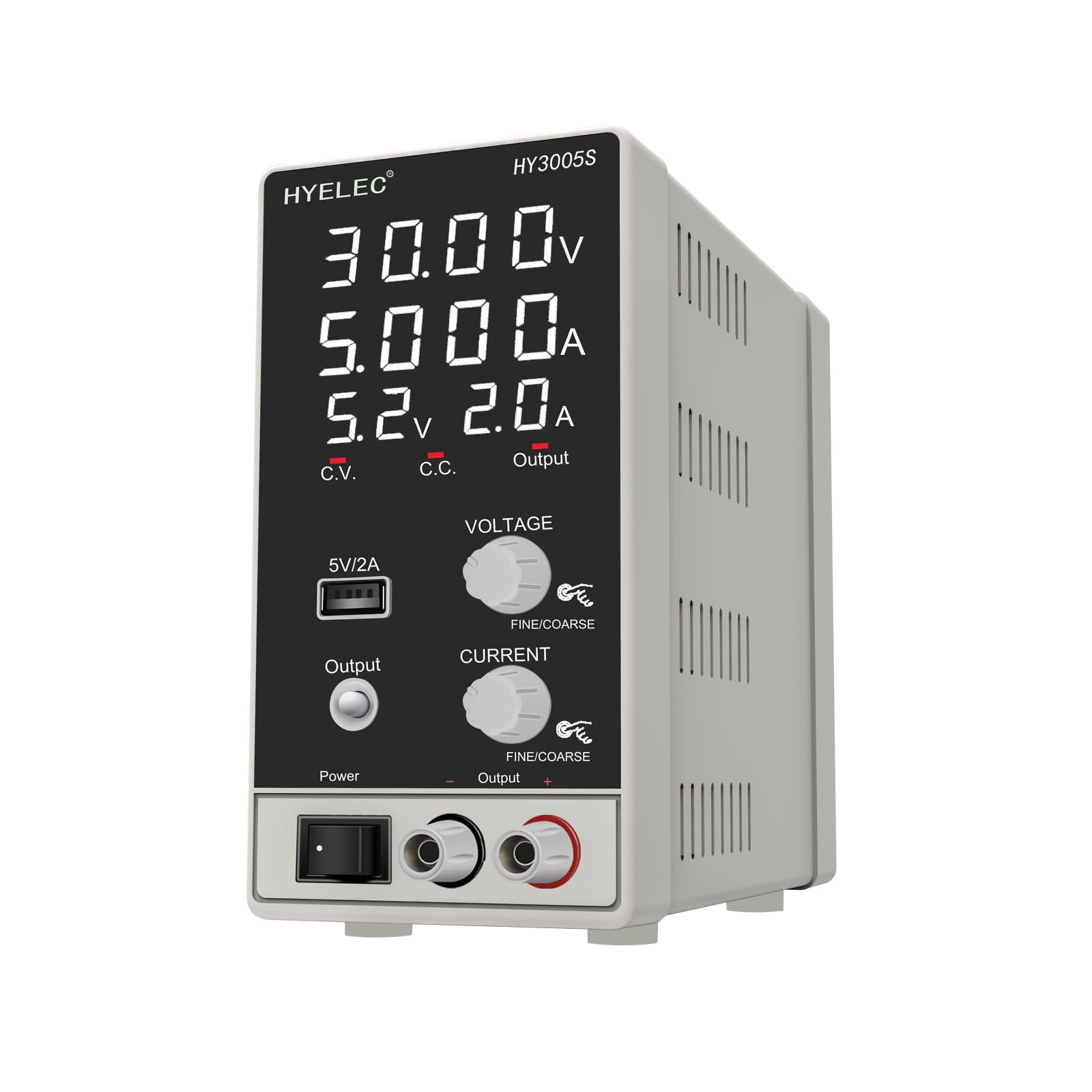 View 1 of DC Power Supply Variable 30V 5A, Hyelec Adjustable Switching Regulated Power Supply with 4-Digit LED Display, Coarse and Fine Adjustments,5V2A USB Interface,110V Input Voltage