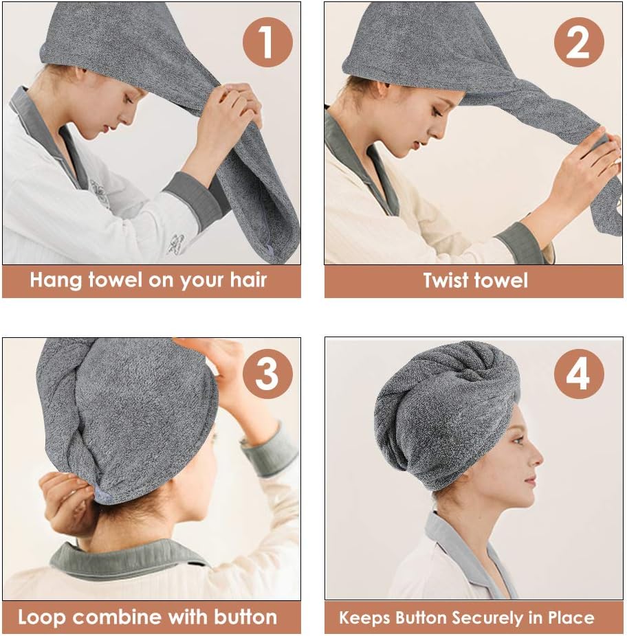 3 Pack Hair Towel Wrap for Women, Ultra Soft Hair Drying Towels, Anti-Frizz & Super Absorbent Hair Turban, Suitable for Curly, Long & Thick Hair (Gray&Dark Gray&Stripe): Kitchen & Dining