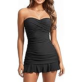Holipick Women's Tummy Control One Piece Swim Dress Strapless Swimsuit Bandeau Skirted Bathing Suits
