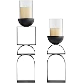 Black Modern Geometric Pedestal Tabletop Hurricane Candle Holders Set of 2