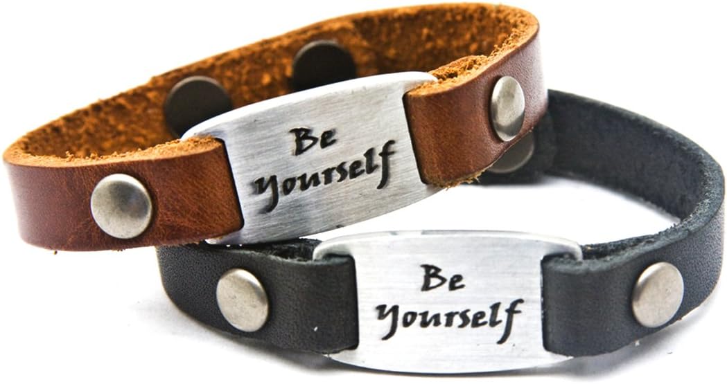 Dillon Rogers Be youeself - Leather Bracelet with Metal I.D. Style Charm - Black or Brown - Women's Length.