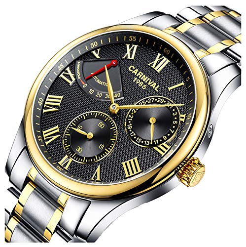 Mens Power Reserve Display Automatic Mechanical Watches Full Stainless Steel Waterproof Swiss Watches (Gold Black)