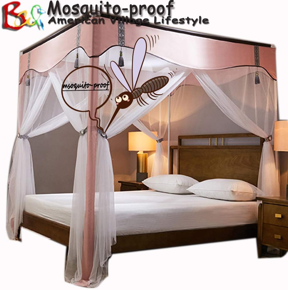 Homepingnew Royal Luxurious Mosquito net 4 Corners Post Canopy Bed Curtain for Girls & Adults Cute Princess Bedroom Decoration Accessories (Pink, California King)