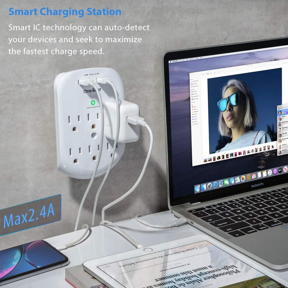 2 Pack 6-Outlet Wall Surge Protector, Multi Plug Outlet Extender, Outlet Wall Mount Adapter with 2 USB Charging Ports 2.4 A, 490 Joules, ETL UL Certifie for Home, School, Office: Electronics