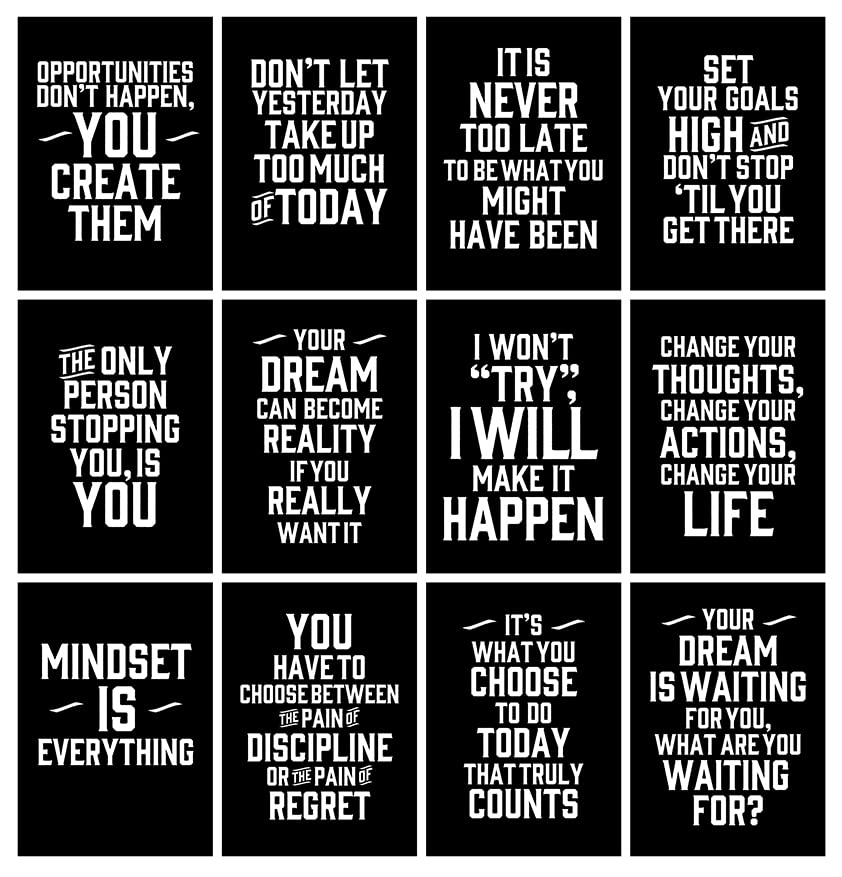 Verbier Inspirational Quotes Wall Art (Set B) - 12 x A4 motivational posters for room decor/gym poster/office decoration/bedroom/kitchen wall art/uplifting positive affirmation cards