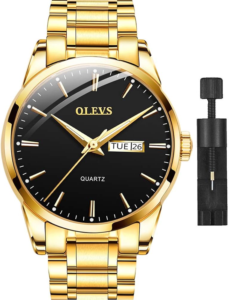 Men's Gold Watch with Day Date Black Face,Stainless Steel Watches Fashion Casual