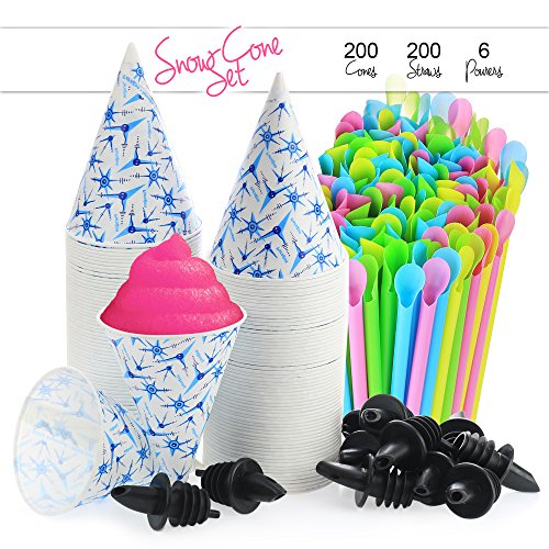 Set of 406- 200 Snow Cone Cups 6 Oz, and 200 Sno-Cone Spoon Drinking Straws, Assorted Neon Colors, and 6 Free Flow Pourers,