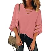 luvamia Women Casual Strappy V Neck Blouse 3/4 Bell Sleeve Mesh Panel Shirts Top