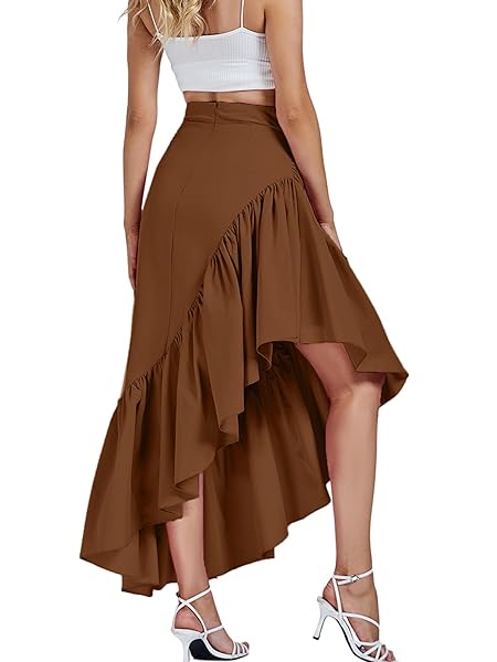 UMENLELE WOMEN’S RUCHED RUFFLE HIGH LOW ASYMMETRICAL HEM HIGH WAIST MIDI SKIRT BROWN X-LARGE