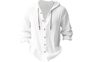 GENERIC Cotton Linen Shirts for Men Hoodie Tops Casual Lightweight Long Sleeve Henley Beach Shirt Loose Hawaiian Hippie Shirt