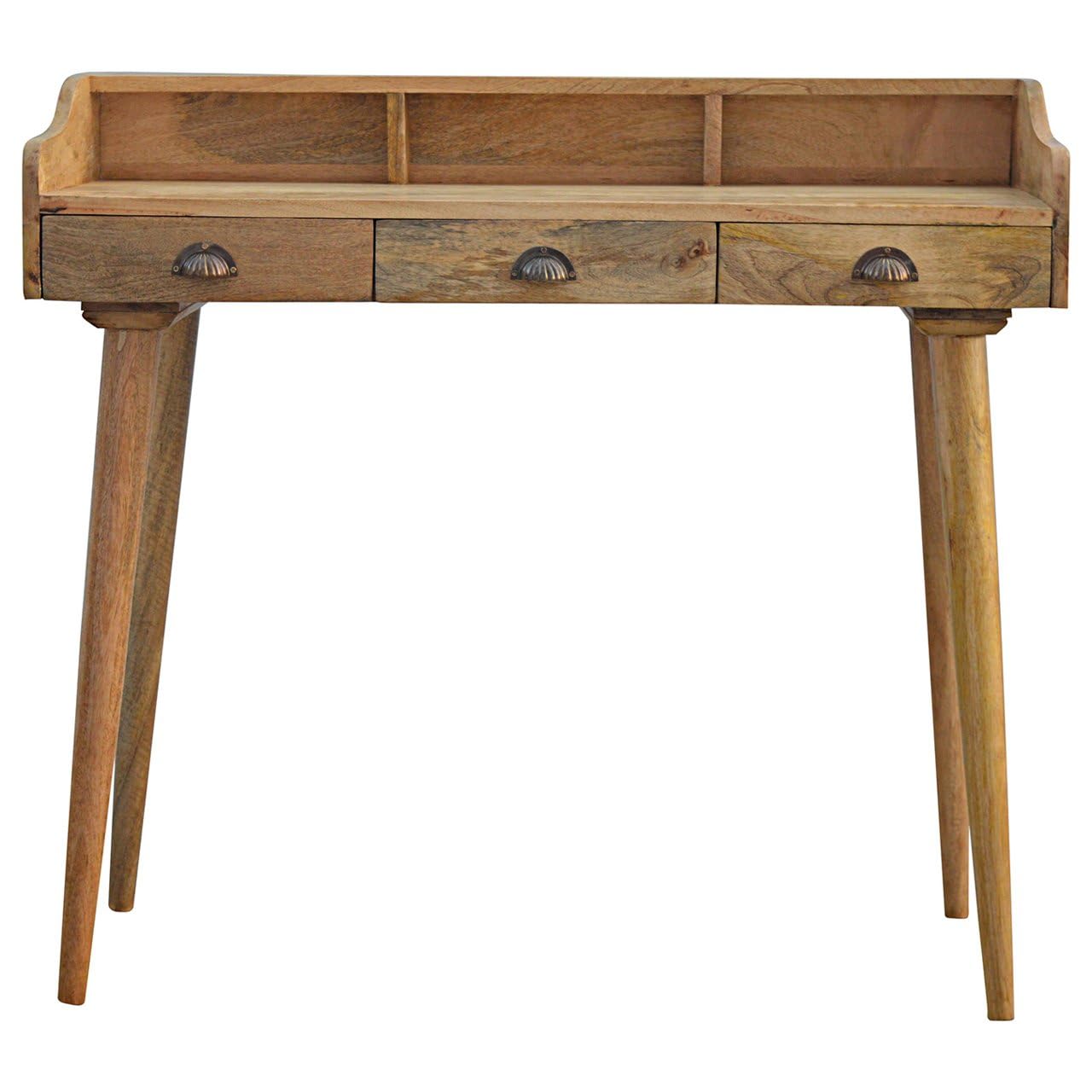 Global Vision Company Artisan Furniture Nordic Writing Desk with 3 Drawers and Gallery Back, Wood, Natural Oak Finish