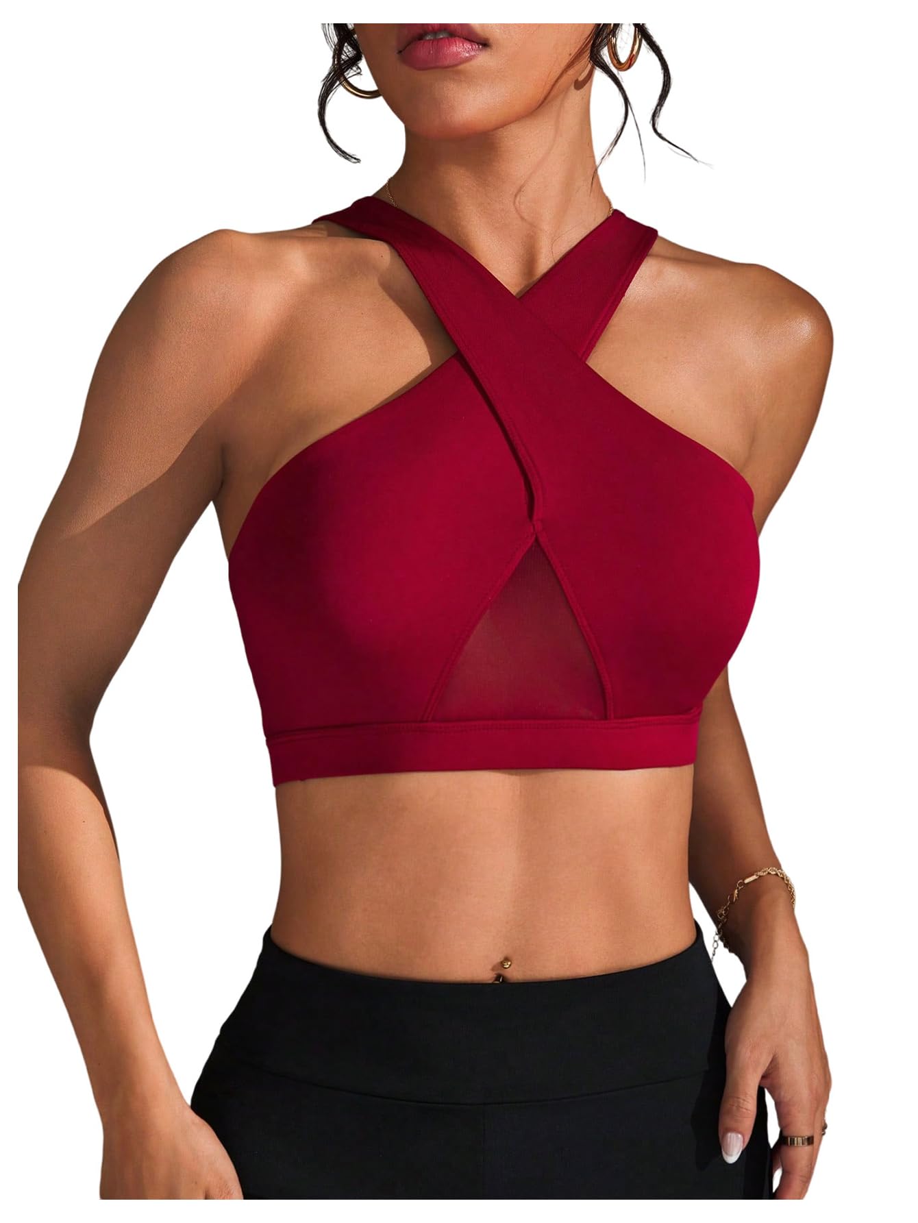 Photo 1 of SweatyRocks Women's Criss Cross Mesh Sport Bra Racerback Workout Yoga Crop Tank Top Burgundy X-Small