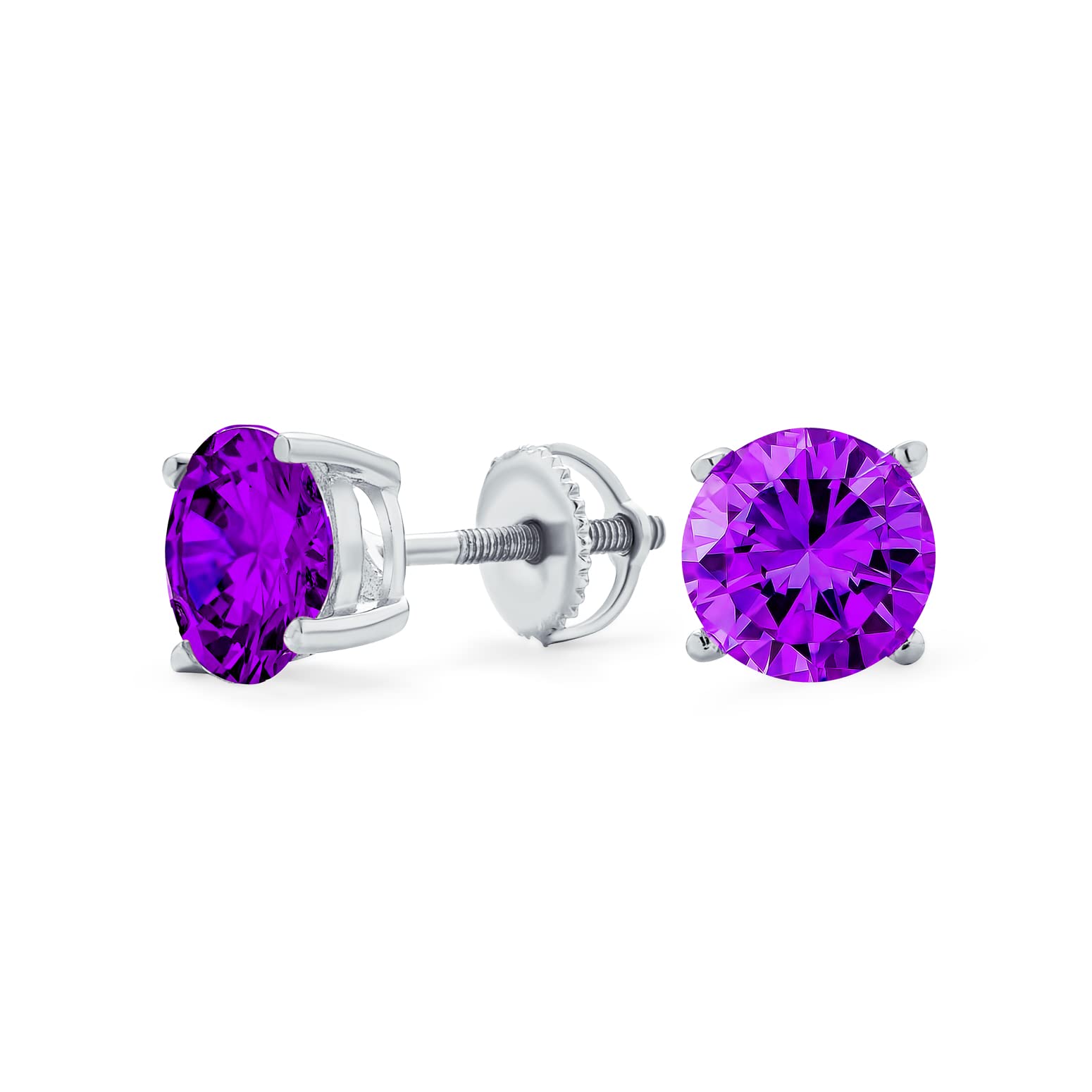 Brilliant Purple Solitaire Simulated Amethyst AAA CZ Stud Earrings For Men Women .925 Sterling Silver Screw back 8MM