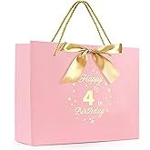 Yiran Birthday Gift Bag with Handles and Ribbon for 4 Year Old Gilrs Gift Wrapping, Happy 4th Birthday Gift Bag, Kids Baby Paper Gift Bags, Pink and Gold Party Decorations Supplies