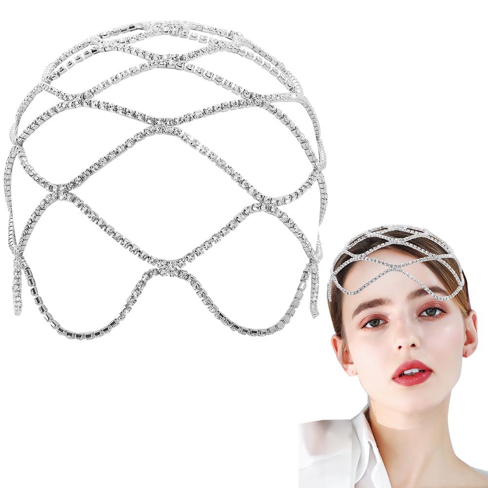 GORGECRAFT Rhinestone Caps Headpieces Vintage Crystal Head Chain Wedding Bridal Flapper Headband 20s Layered Hair Jewelry Silver Boho Hair Accessories for Women Party Nightclub Prom Costume