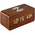 OCT17 Alarm Clock with Qi Wireless Charging Pad Compatible with iPhone Samsung Wood LED Digital Clock Sound Control Function, Time Date, Temperature Display for Bedroom Office Home- Brown