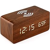 OCT17 Alarm Clock with Qi Wireless Charging Pad Compatible with iPhone Samsung Wood LED Digital Clock Sound Control Function,