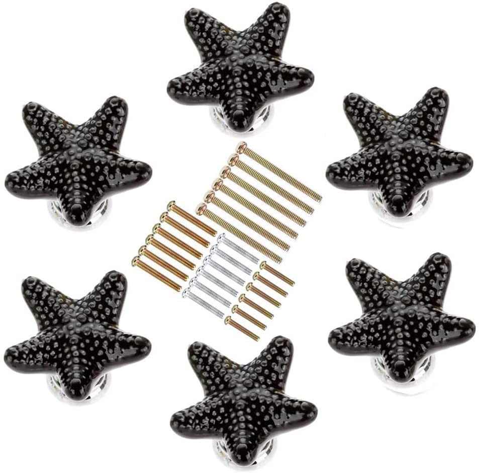MayGreeny 6Pcs Ceramic Kitchen Cabinet Knobs with 4 Sizes Screws, Starfish Shape Drawer Handles, Cupboard Door Knobs for Dresser Drawers and Kitchen, Bathroom Cabinet, Office (Black) โ image 1
