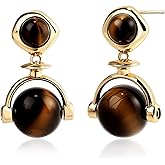 Teppdfann Tiger Eye Drop Earrings for Women - 14K Gold Plated Gemstone Earrings with Double Layer Brown Stone Design, Vintage Style Stud Earrings for Gift
