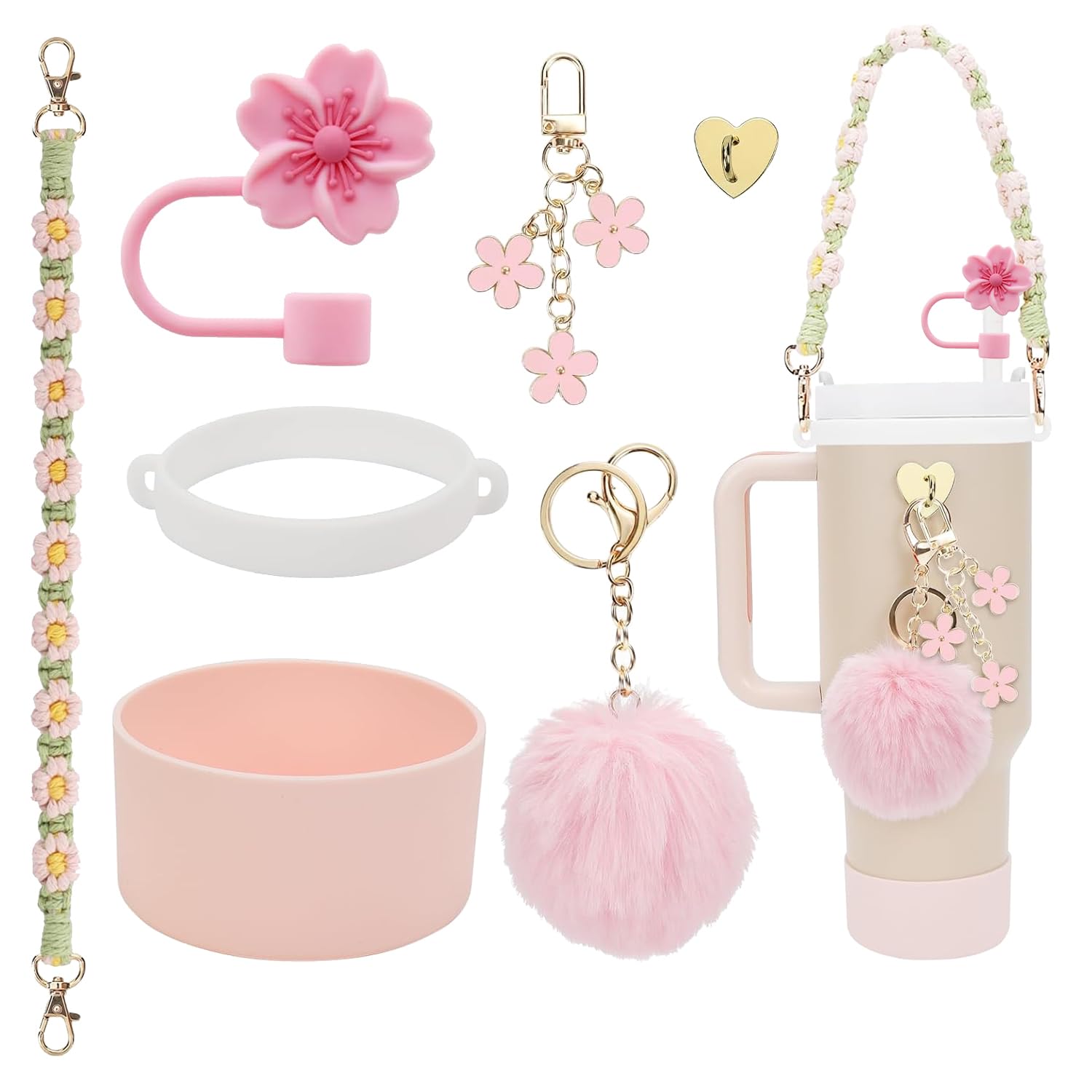 Stanley Cup Accessories Set, 7PCS Stanley Cup Decor Includes Stanley Straw Cover, Water Bottle Handle Strap, Silicone Stanley Cup Boot, Stanley Charms for Stanley Cup 40oz & 30 oz Tumbler (Pink)