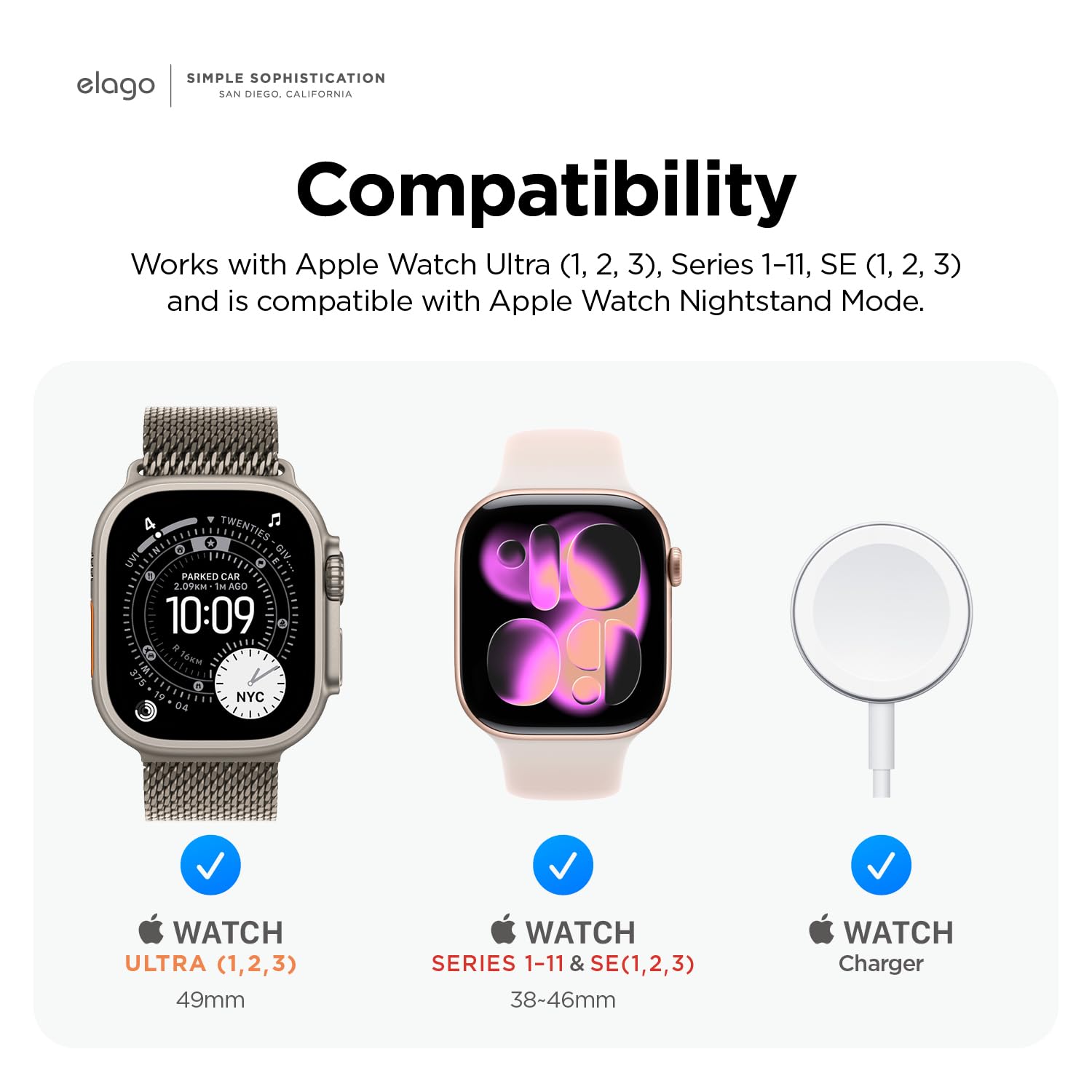 elago W2 Charger Stand Compatible with Apple Watch Series Ultra3/Ultra2/Ultra/11/10/9/8/7/6/5/4/3/2/1/SE3/SE2/SE1 (49mm, 46mm, 45mm, 44mm, 42mm, 41mm, 40mm, 38mm)