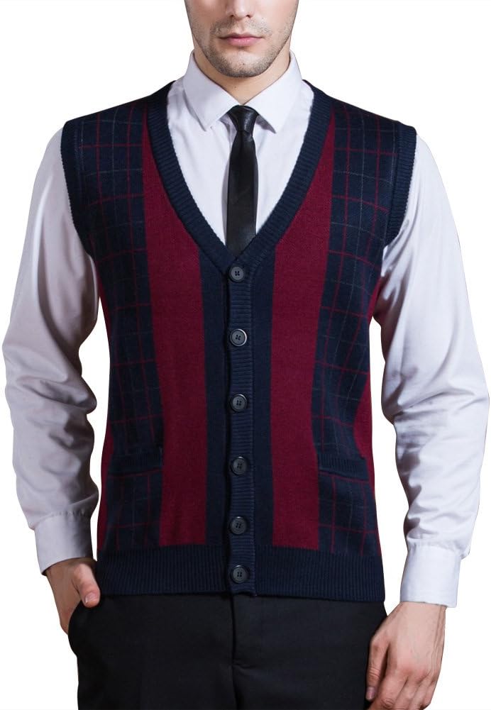 Men Tank Top V-Neck Vest Sleeveless Knitwear Knitted Waistcoat Classic Cardigan Business Gentleman Sweater Britsh Style (M, Blue)