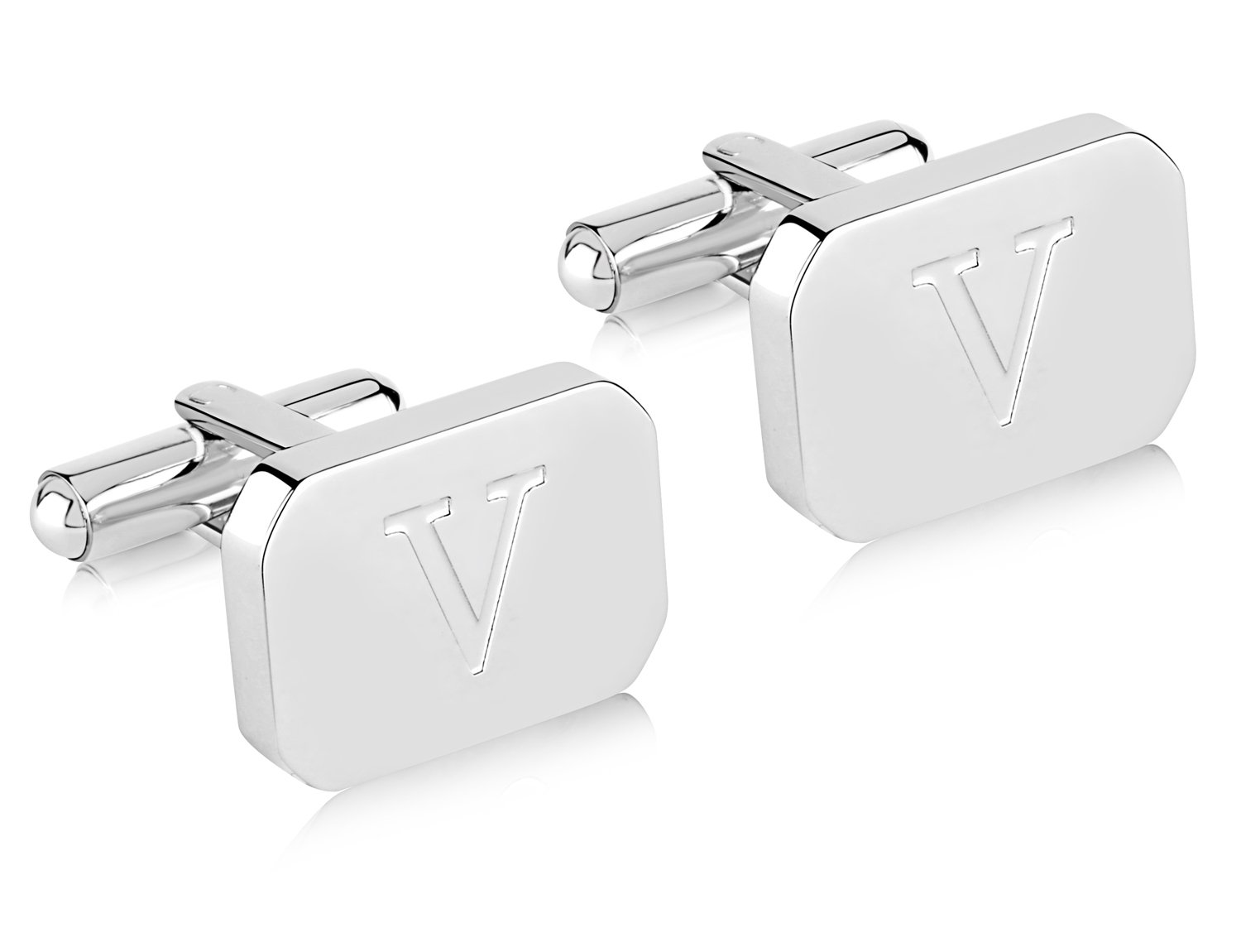 18K White-Gold Plated Initial Engraved Stainless Steel Men’s Cufflinks With Gift Box -Personalized Alphabet Letter’s A-Z By Lux & Pair
