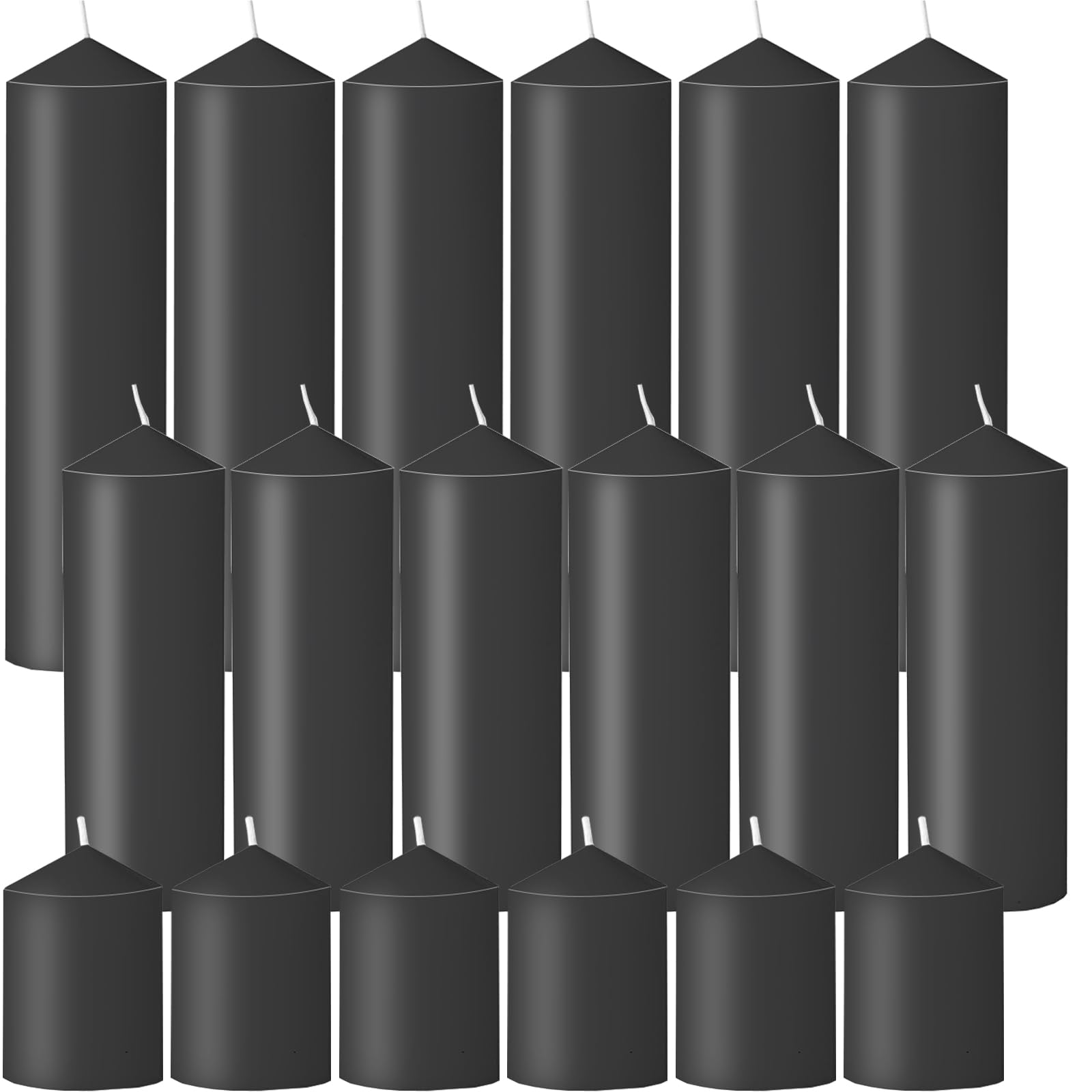 Photo 1 of Veiuwa 18 Pcs Black Pillar Candles Bulk Set?Hurricane Candles?3 Different Lengths (6 Each)?Dripless Unscented Smokeless?Gives You a Better Atmosphere When Organizing Wedding or Event Party.